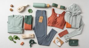 Featured illustration of sustainable women's activewear outfit highlighting eco-friendly fabrics and accessories