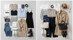 Illustration of women's fashion capsule wardrobe essentials: neutral dresses, tailored blazers, handbags and shoes