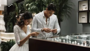a groom and bride carefully selecting a ring from a display in a jewelry store.