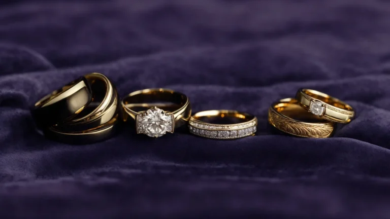 a close-up view of various men's wedding bands displayed elegantly on a velvet surface.