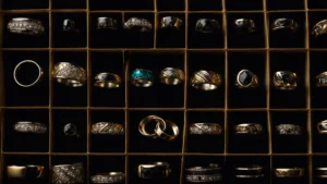 a close-up of a variety of wedding bands displayed on a dark velvet surface, showcasing different materials and finishes.