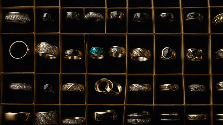 a close-up of a variety of wedding bands displayed on a dark velvet surface, showcasing different materials and finishes.