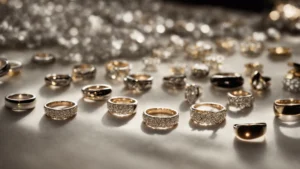 a jeweler's table, softly lit, displays an elegant variety of wedding bands, each reflecting the light in a unique way, awaiting the choice of couples seeking a symbol of their eternal love.
