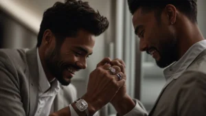 a close-up of two men, smiling softly as they display identical silver rings on their fingers, symbolizing their commitment to each other.