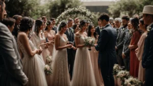 a couple exchanging rings during a wedding ceremony, surrounded by guests.