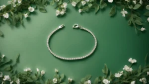 a slender bracelet encrusted with sparkling diamonds rests delicately against a plush, green velvet surface, highlighting its eco-conscious luxury.