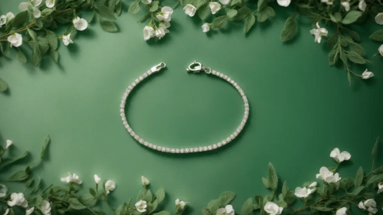 a slender bracelet encrusted with sparkling diamonds rests delicately against a plush, green velvet surface, highlighting its eco-conscious luxury.