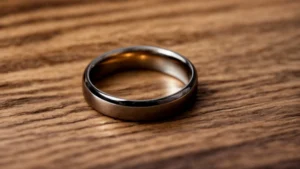 a close-up of a simple, sleek tungsten carbide wedding ring resting on a polished wooden surface.