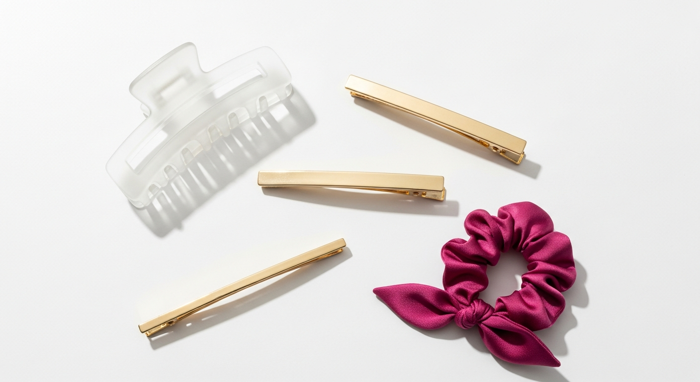 Elevated everyday hair accessories including oversized claw clips with marbled effects and luxurious silk scarves.