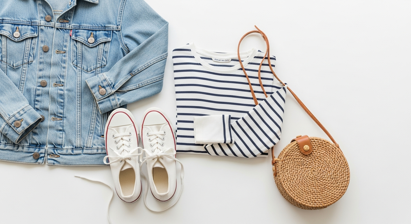 Woman layering a dark wash denim jacket under a camel wool coat with black skinny jeans and Chelsea boots, demonstrating autumn/winter layering