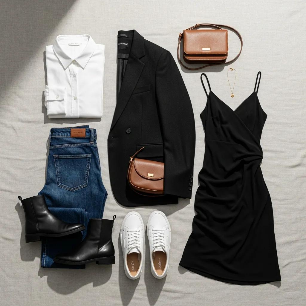 Flat lay of must-have essentials for a capsule wardrobe including versatile clothing items