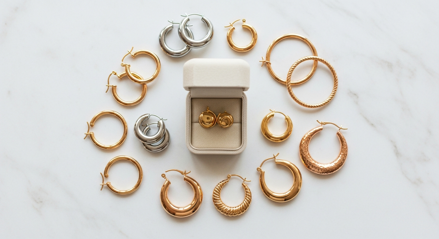 Model wearing minimalist huggie hoops and threader earrings with ear climbers