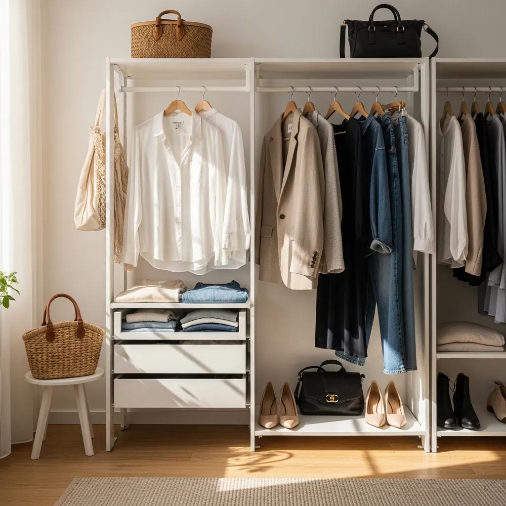 Modern capsule wardrobe showcasing versatile clothing pieces in a bright, organized setting