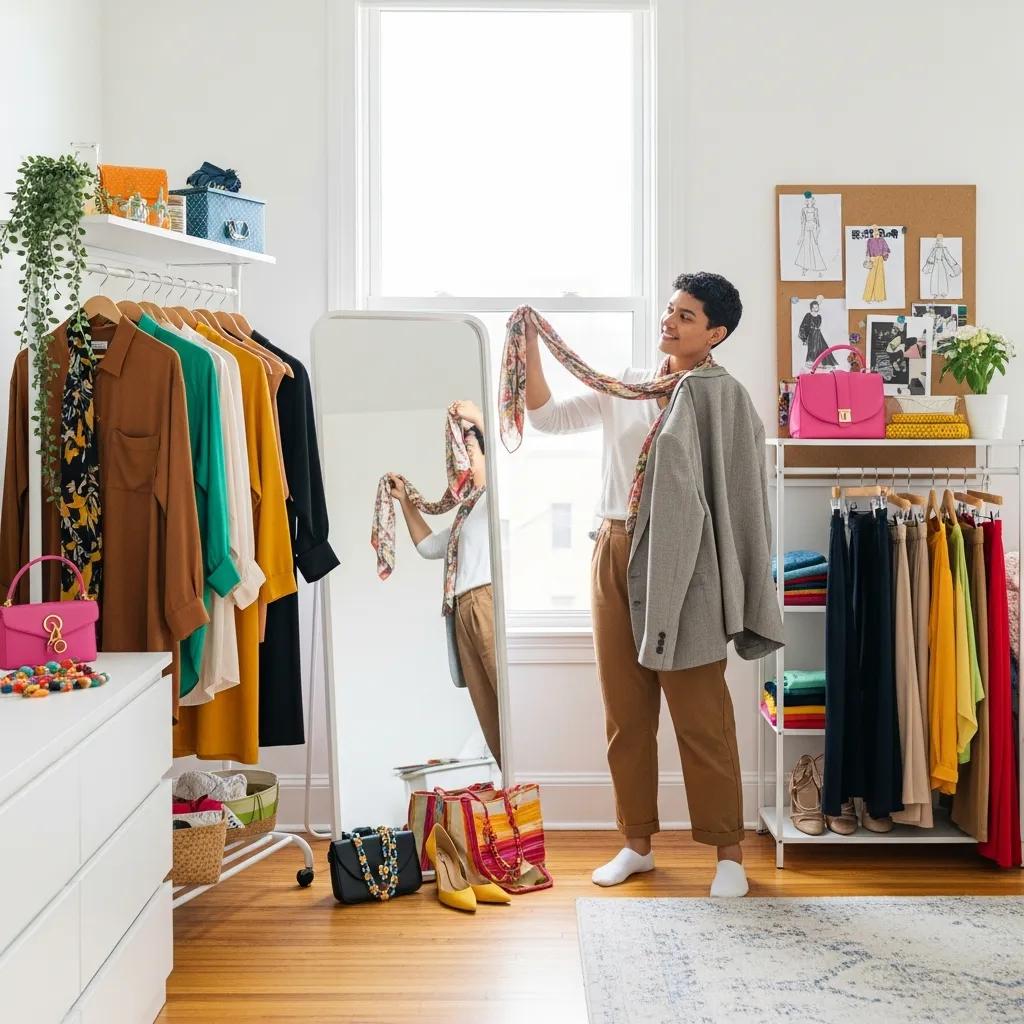 Person mixing and matching outfit pieces from a capsule wardrobe in a bright setting