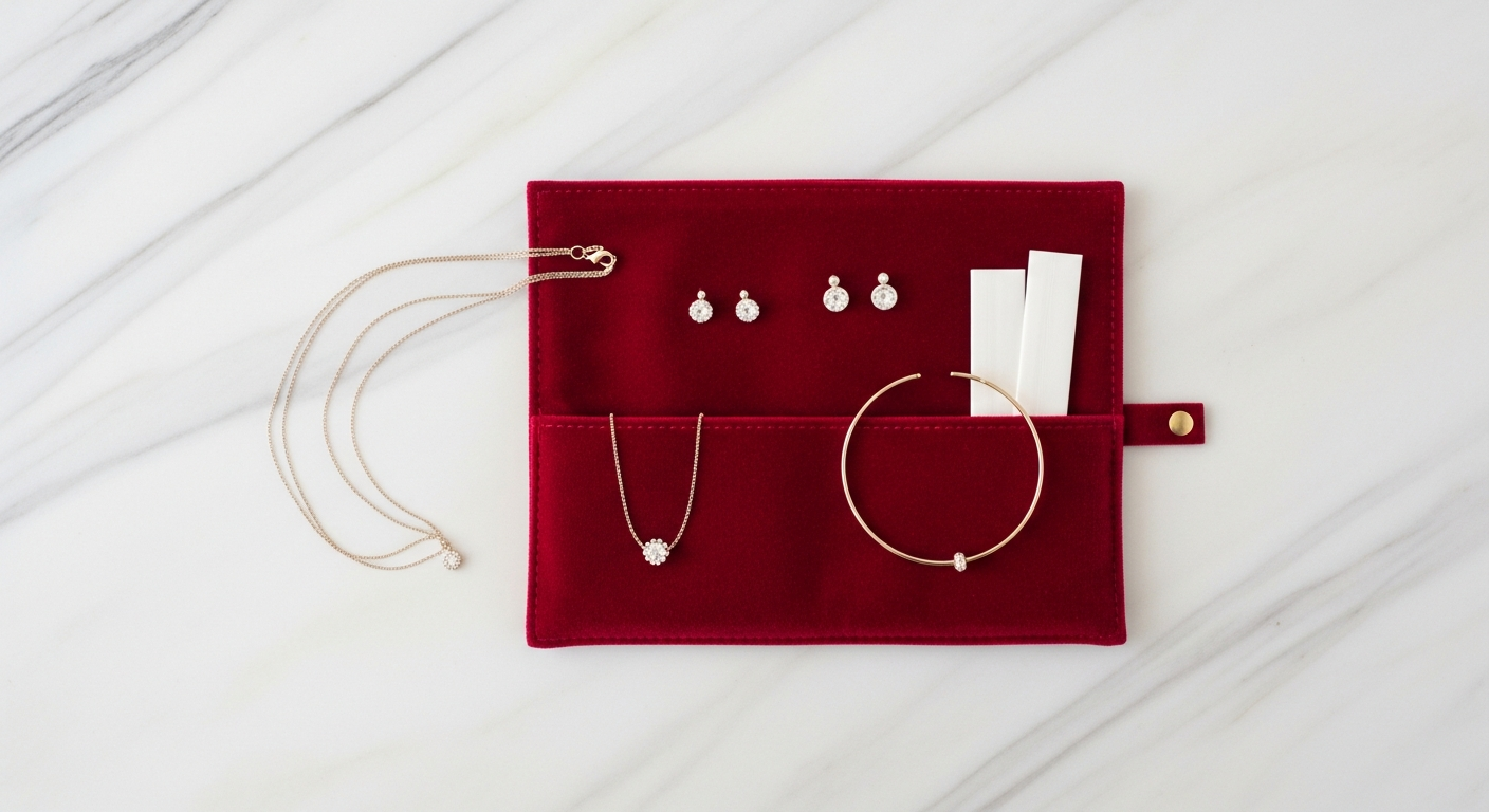 DIY jewelry cleaning supplies including mild dish soap, soft brush, and lint-free cloth