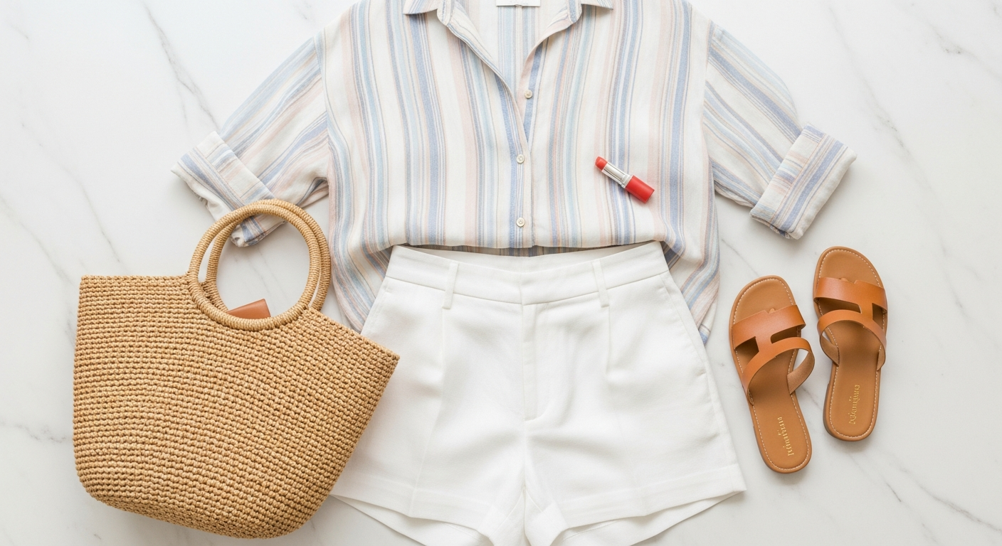 Woman wearing a relaxed linen co-ord set, walking casually in a sunny outdoor setting, embodying effortless summer style.