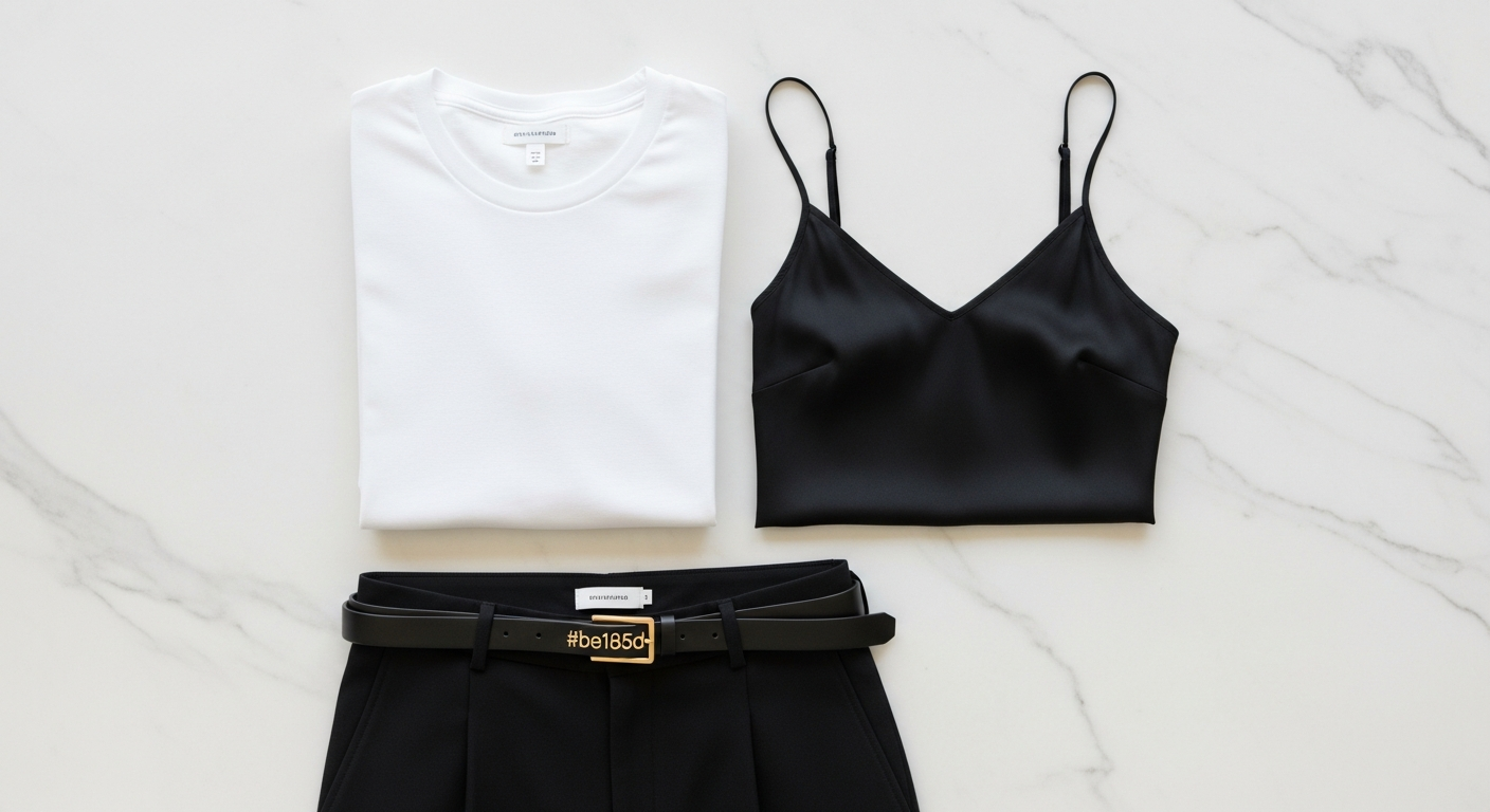 Flat lay of core wardrobe essentials: white t-shirt, button-down shirt, dark wash jeans, black trousers, and a neutral sweater.