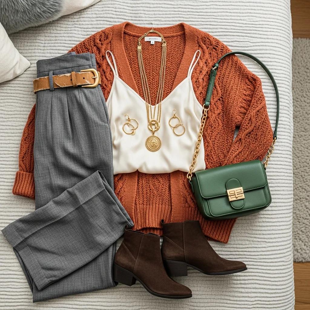 Stylish layered outfit with accessories for seasonal fashion inspiration