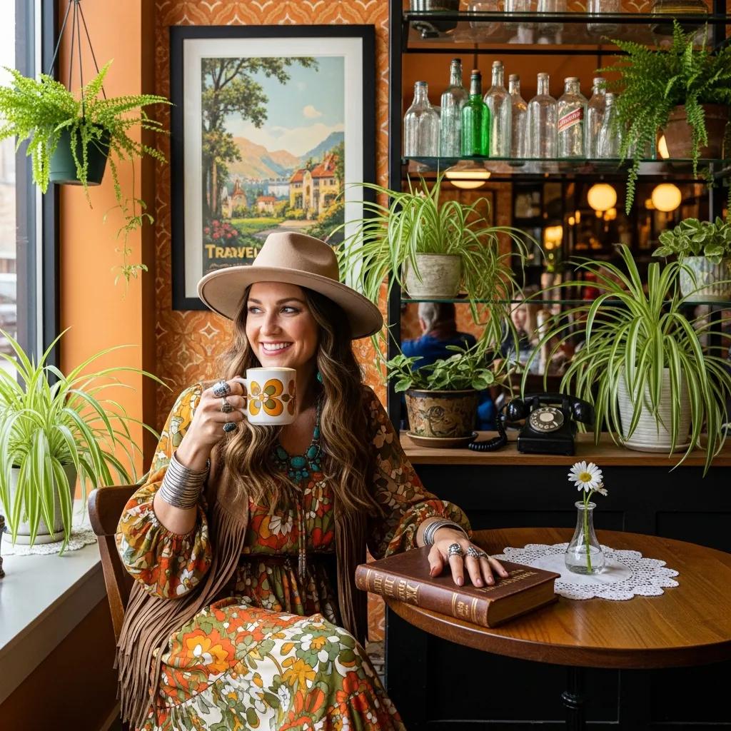 Woman in 70s bohemian outfit in a vintage-inspired café setting