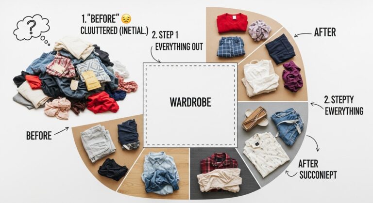 Illustration of a woman decluttering her wardrobe of women's clothes, shoes, and accessories