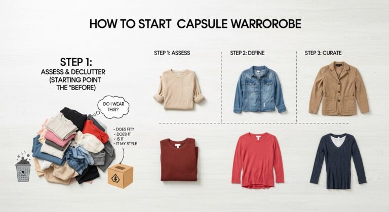 Illustration of women's capsule wardrobe flatlay with versatile clothing and accessories