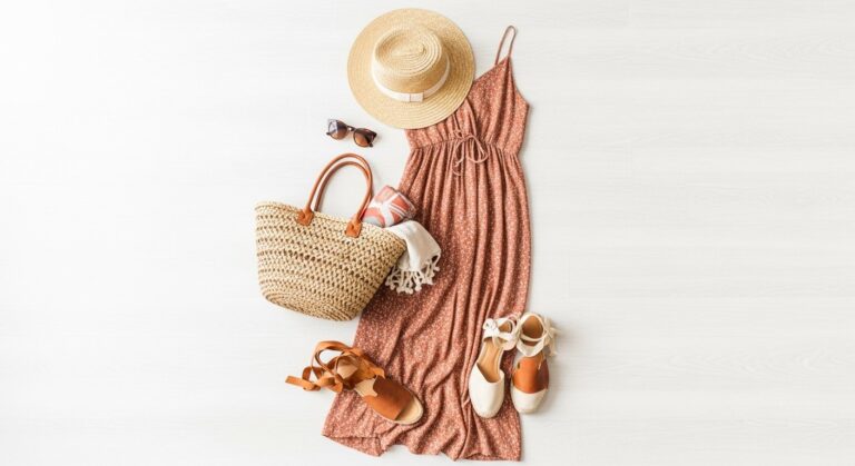 Featured illustration of women's summer fashion, beauty and accessories showcasing outfit and accessory ideas