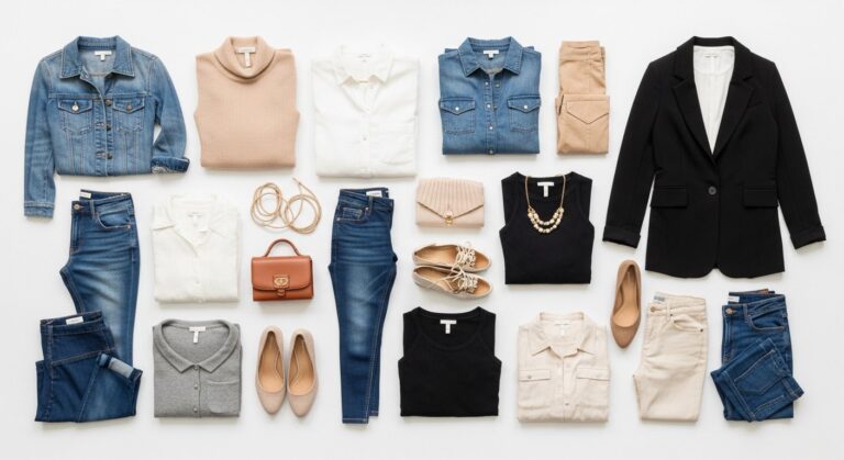 Illustration of a women's capsule wardrobe showing versatile clothing pieces and accessories for minimalist fashion